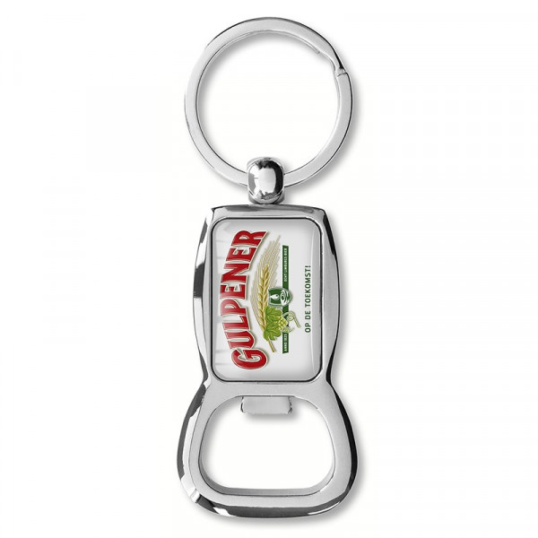 Luxuriöser silberner Schlüsselanhänger Öffner mit Doming-Etikett. Druckgröße 30,5 x 20,5 mm