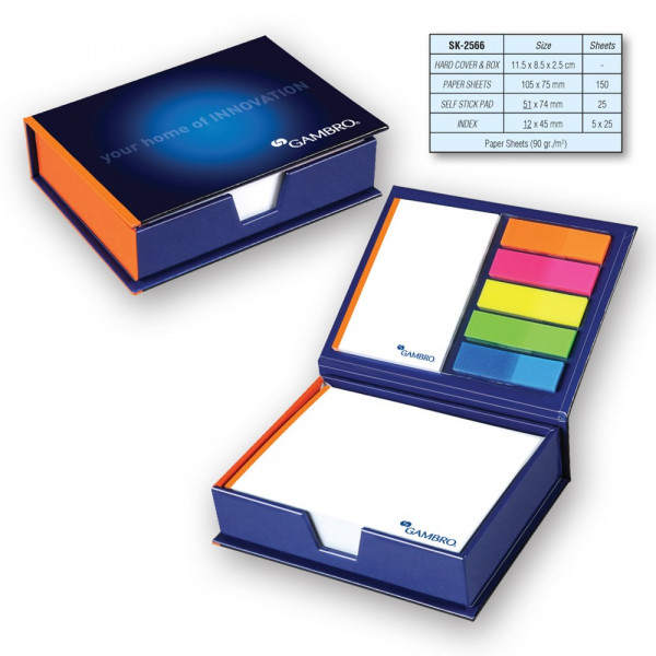 Hardcover-Box mit Notizzetteln, Haftnotizen und Indexstreifen