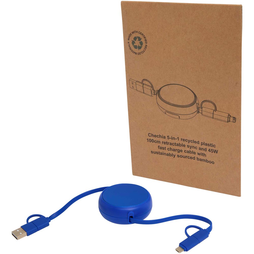 Alasia 100 cm 5-in-1 Kabel aus recyceltem Kunststoff und Aluminium, einziehbar, für Datenübertragung und mit 45W Schnellladung - royalblau