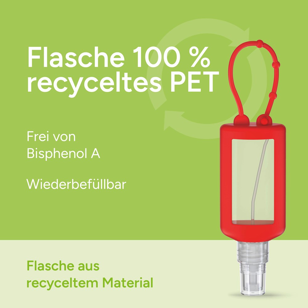 Hände-Desinfektionsspray (DIN EN 1500), 50 ml Bumper rot, Body Label (R-PET)