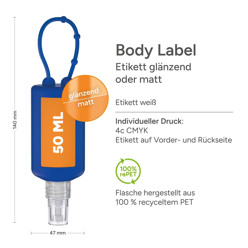 Hände-Desinfektionsspray (DIN EN 1500), 50 ml Bumper blau, Body Label (R-PET)