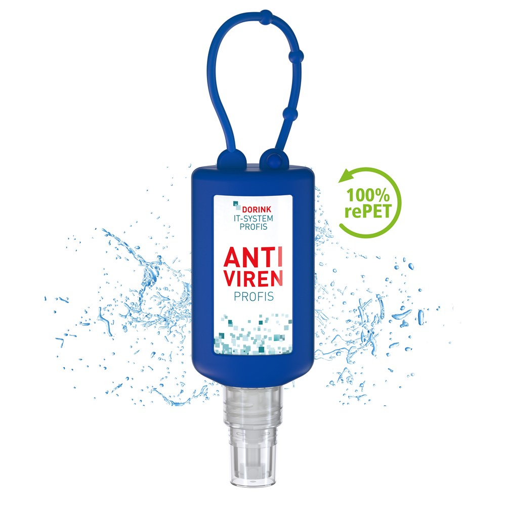 Hände-Desinfektionsspray (DIN EN 1500), 50 ml Bumper blau, Body Label (R-PET)