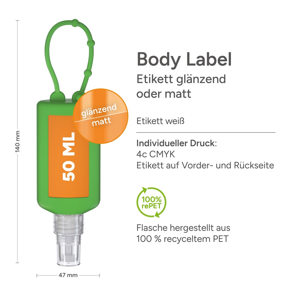 Hände-Desinfektionsspray (DIN EN 1500), 50 ml Bumper grün, Body Label (R-PET)