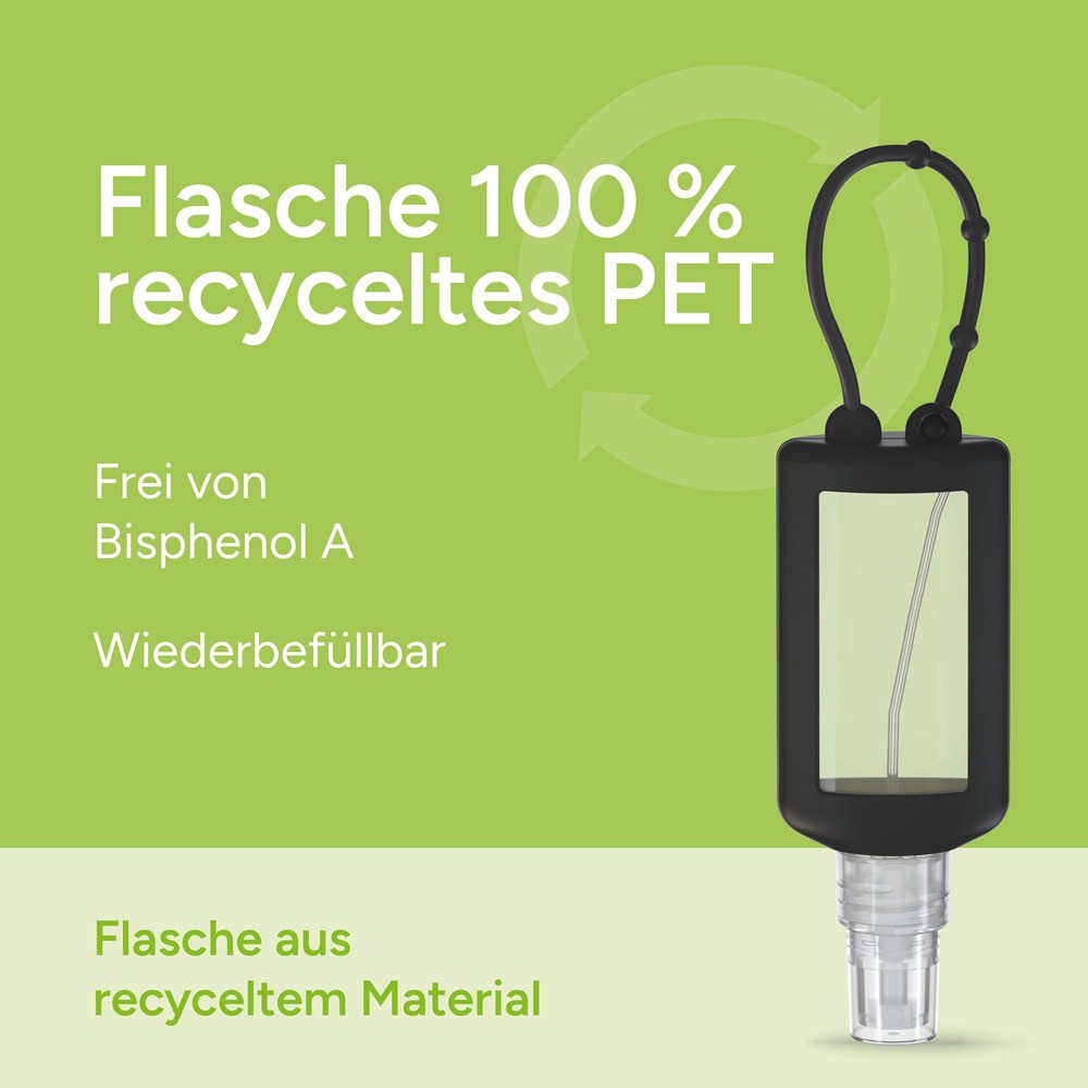 Hände-Desinfektionsspray (DIN EN 1500), 50 ml Bumper schwarz, Body Label (R-PET)