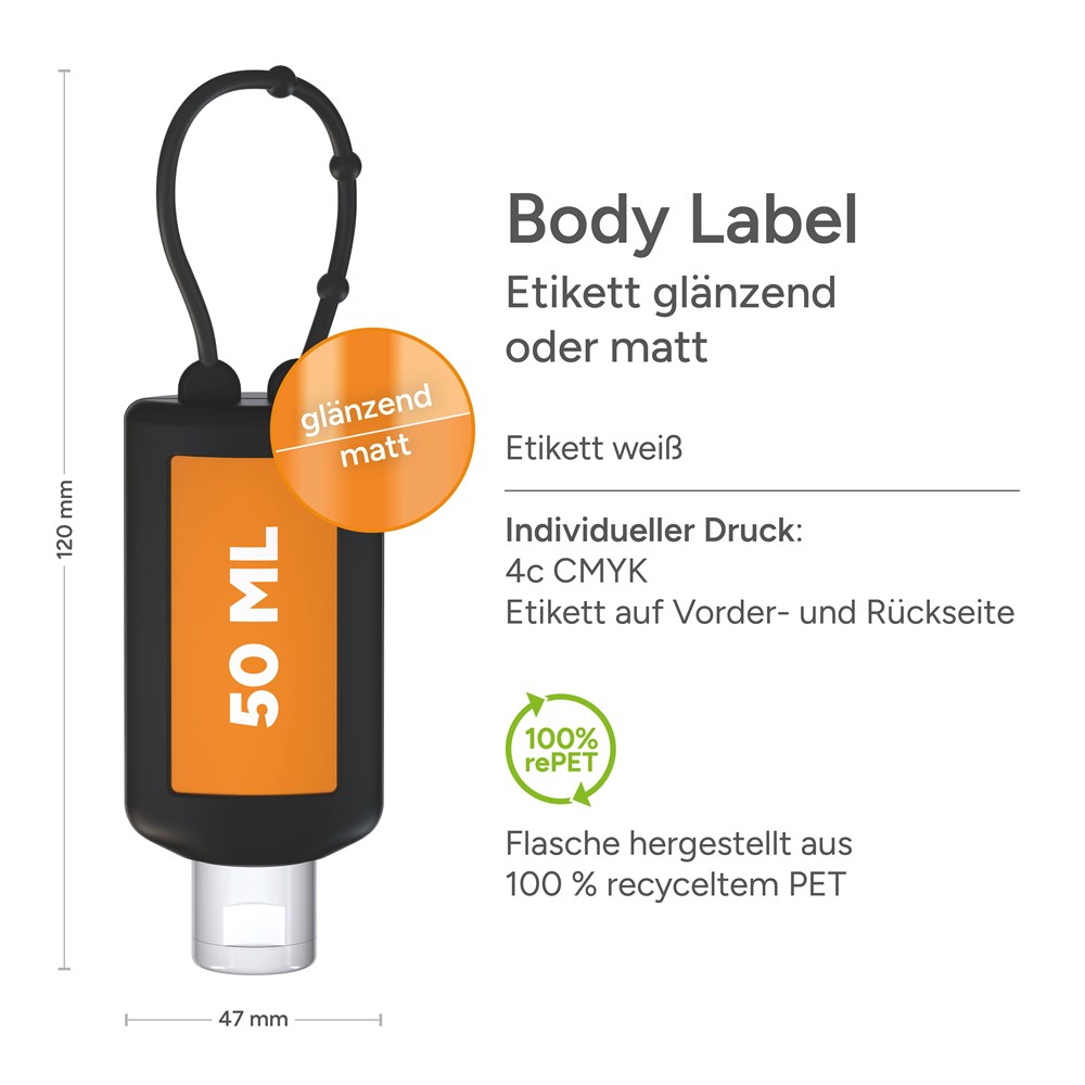 Sonnenmilch LSF 50 (sens.), 50 ml Bumper (schwarz), Body Label (R-PET)