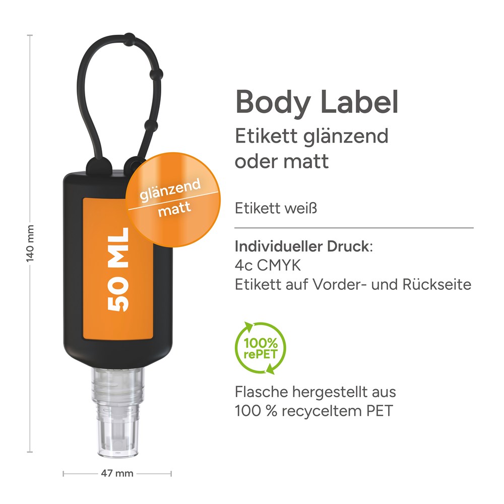 Hände-Desinfektionsspray (DIN EN 1500), 50 ml Bumper schwarz, Body Label (R-PET)